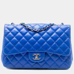Pre Owned Chanel Blue Jumbo Classic Lambskin Single Flap