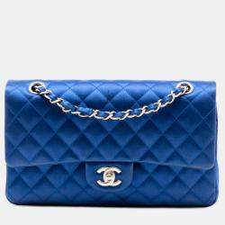 Pre Owned Chanel Blue Medium Classic Satin Double Flap