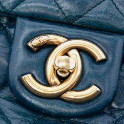 Pre Owned Chanel Blue Large Glazed Calfskin Castle Rock Top Handle Flap