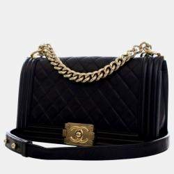 Pre Owned Chanel Black Old Medium Quilted Lambskin Boy Flap