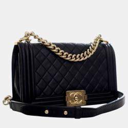 Pre Owned Chanel Black Old Medium Quilted Lambskin Boy Flap