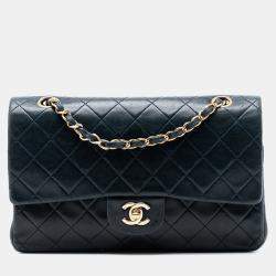 Pre Owned Chanel Blue Medium Classic Lambskin Double Flap