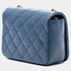 Pre Owned Chanel Blue Mini Quilted Lambskin CC Crystal Full Flap