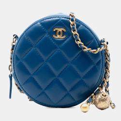 Pre Owned Chanel Blue CC Quilted Lambskin Pearl Crush Round Clutch with Chain