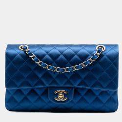 Pre Owned Chanel Blue Medium Classic Satin Double Flap