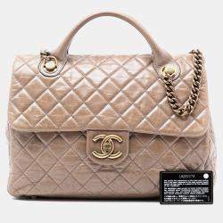 Pre Owned Chanel Brown Large Glazed Calfskin Castle Rock Top Handle Flap