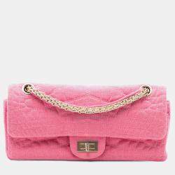 Pre Owned Chanel Pink Croc Quilted Jersey Reissue 2.55 East West Double Flap