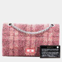 Pre Owned Chanel Pink Quilted Tweed Reissue 2.55 Double Flap 225