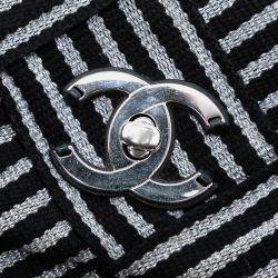Pre Owned Chanel Black Silver CC Canvas Stripe Flap