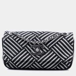 Pre Owned Chanel Black Silver CC Canvas Stripe Flap