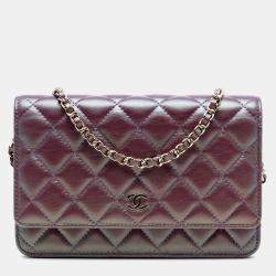 Pre Owned Chanel Purple CC Quilted Iridescent Lambskin Wallet on Chain