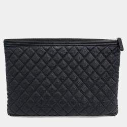 Pre Owned Chanel Black Leather Caviar Boy Clutch Large