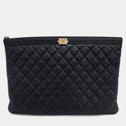 Pre Owned Chanel Black Leather Caviar Boy Clutch Large