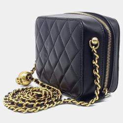 Pre Owned Chanel Black Leather Golden Ball Mini Camera Bag