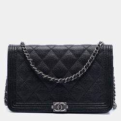 Pre Owned Chanel Black Quilted Caviar Boy Wallet on Chain