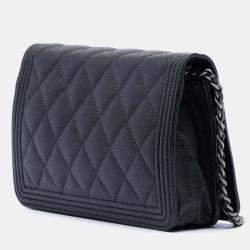 Pre Owned Chanel Black Quilted Caviar Boy Wallet on Chain