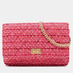 Pre Owned Chanel Pink Quilted Tweed Reissue 2.55 Wallet On Chain