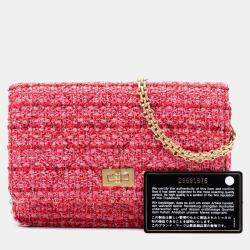 Pre Owned Chanel Pink Quilted Tweed Reissue 2.55 Wallet On Chain