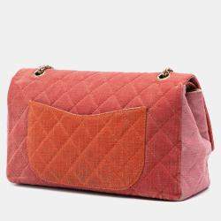 Pre Owned Chanel Orange Red Tricolor Quilted Denim Reissue 2.55 Double Flap 227