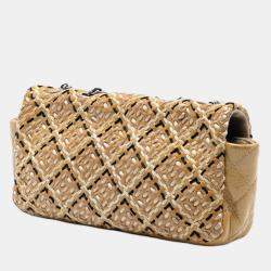 Pre Owned Chanel Brown CC Patent Woven Stitch Full Flap