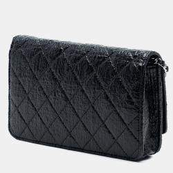 Pre Owned Chanel Black CC Quilted Crinkled Patent Wallet On Chain