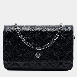 Pre Owned Chanel Black CC Quilted Crinkled Patent Wallet On Chain