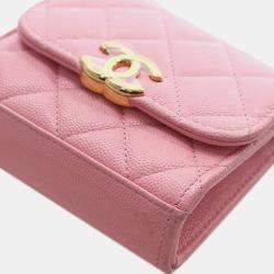 Pre Owned Chanel Pink Mini CC Quilted Caviar Top Handle Clutch with Chain