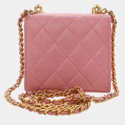 Pre Owned Chanel Pink Mini CC Quilted Caviar Top Handle Clutch with Chain