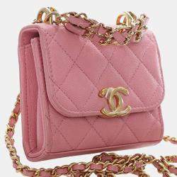 Pre Owned Chanel Pink Mini CC Quilted Caviar Top Handle Clutch with Chain