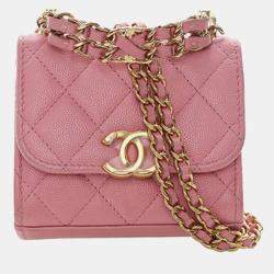 Pre Owned Chanel Pink Mini CC Quilted Caviar Top Handle Clutch with Chain