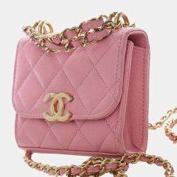 Pre Owned Chanel Pink Mini CC Quilted Caviar Top Handle Clutch with Chain