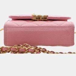 Pre Owned Chanel Pink Mini CC Quilted Caviar Top Handle Clutch with Chain