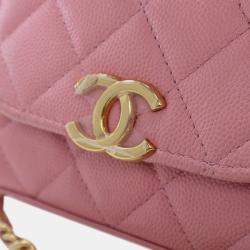 Pre Owned Chanel Pink Mini CC Quilted Caviar Top Handle Clutch with Chain