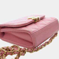 Pre Owned Chanel Pink Mini CC Quilted Caviar Top Handle Clutch with Chain