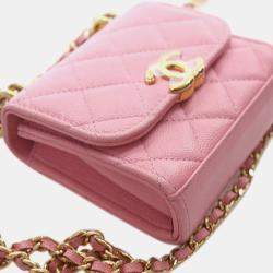 Pre Owned Chanel Pink Mini CC Quilted Caviar Top Handle Clutch with Chain