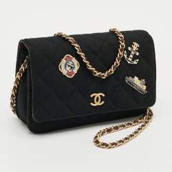 Pre Owned Chanel Paris-Hamburg Runway Black Quilted Fabric Wallet On Chain