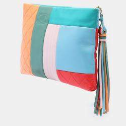 Pre Owned Chanel Blue Orange Medium Lambskin Colorblock Patchwork O Case