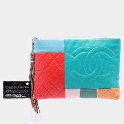 Pre Owned Chanel Blue Orange Medium Lambskin Colorblock Patchwork O Case