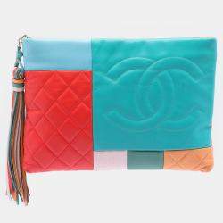 Pre Owned Chanel Blue Orange Medium Lambskin Colorblock Patchwork O Case