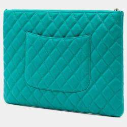 Pre Owned Chanel Blue Large Quilted Caviar O Case Clutch