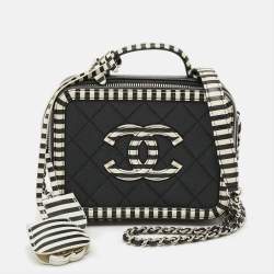 Pre Owned Chanel CC Filigree Striped Vanity Case Small Black/White Quilted Caviar Leather Bag