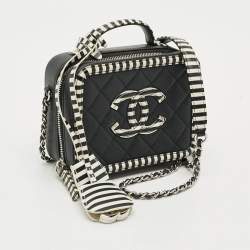 Pre Owned Chanel CC Filigree Striped Vanity Case Small Black/White Quilted Caviar Leather Bag