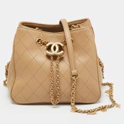 Pre Owned Chanel Egyptian Amulet Beige Quilted Leather Drawstring Bucket Bag
