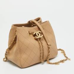 Pre Owned Chanel Egyptian Amulet Beige Quilted Leather Drawstring Bucket Bag