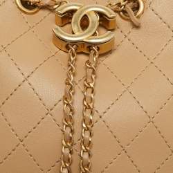 Pre Owned Chanel Egyptian Amulet Beige Quilted Leather Drawstring Bucket Bag
