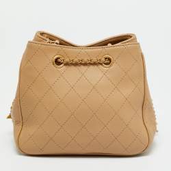 Pre Owned Chanel Egyptian Amulet Beige Quilted Leather Drawstring Bucket Bag