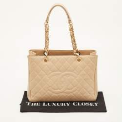 Pre Owned Chanel GST Beige Quilted Caviar Leather Grand Shopping Tote