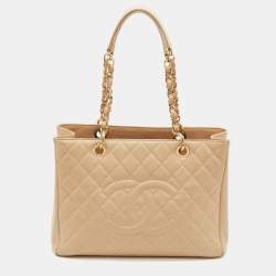 Pre Owned Chanel GST Beige Quilted Caviar Leather Grand Shopping Tote
