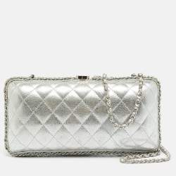 Pre Owned Chanel Chain Around Silver Quilted Leather Clutch Bag