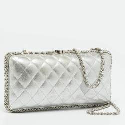 Pre Owned Chanel Chain Around Silver Quilted Leather Clutch Bag